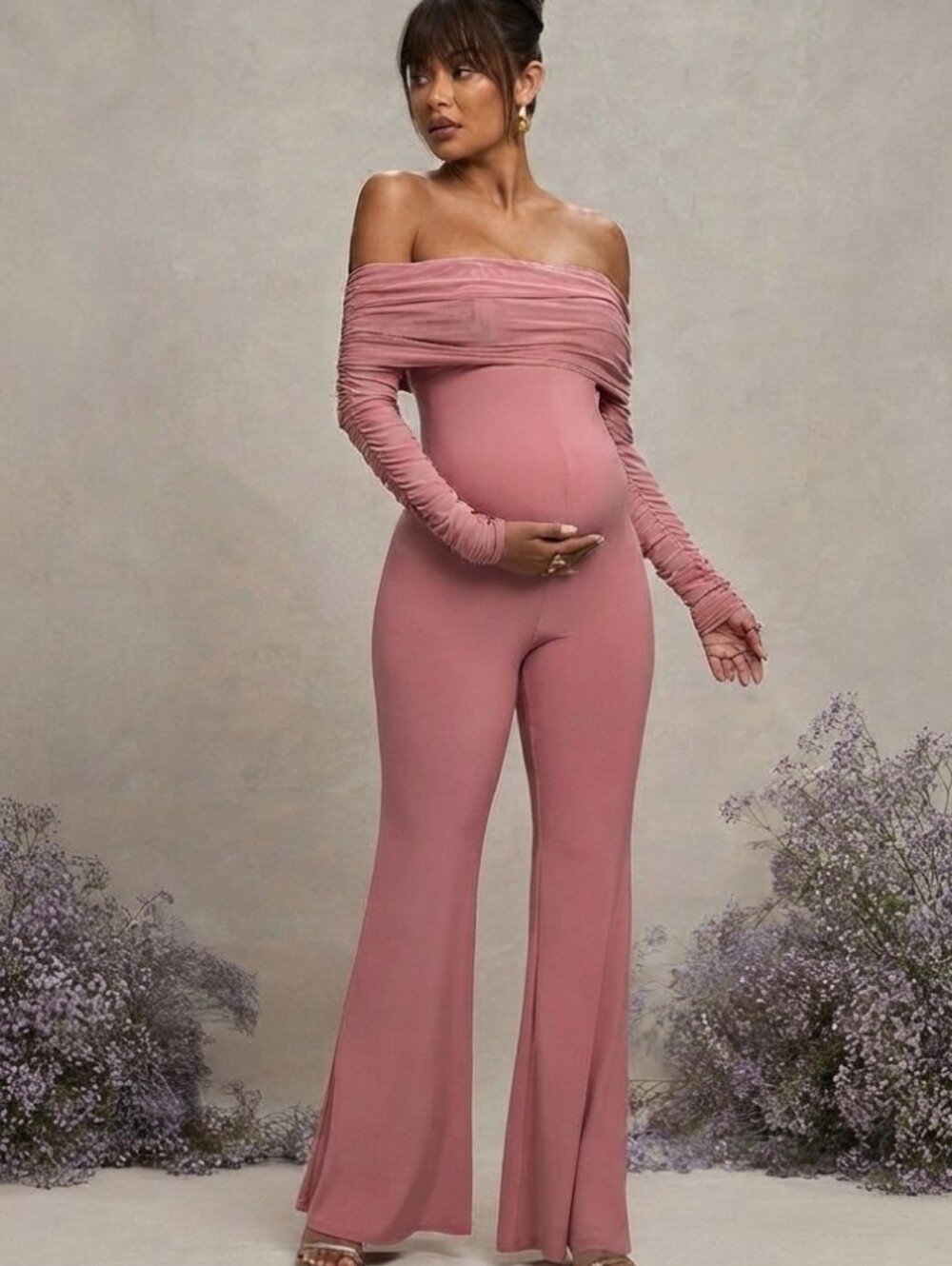 Maternity Jumpsuit Club L London Count Down Blush Pink Ruched Mesh Bar US 6